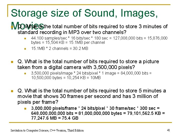 Storage size of Sound, Images, Q. What is the total number of bits required