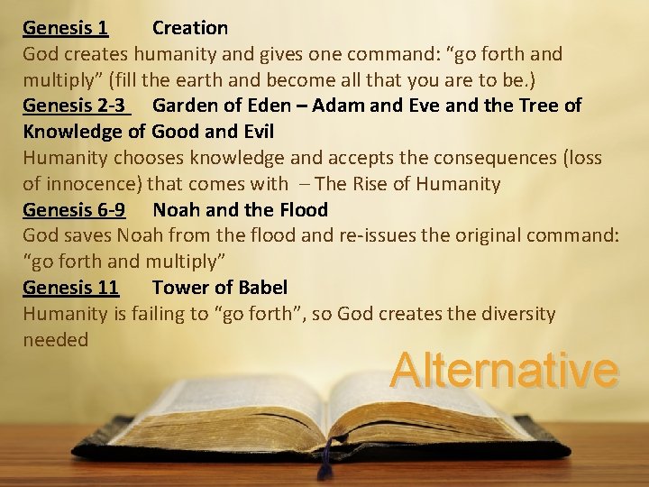 Genesis 1 Creation God creates humanity and gives one command: “go forth and multiply”