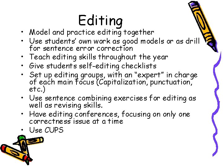 Editing • Model and practice editing together • Use students’ own work as good