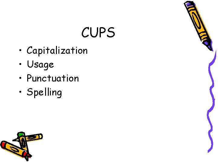 CUPS • • Capitalization Usage Punctuation Spelling 