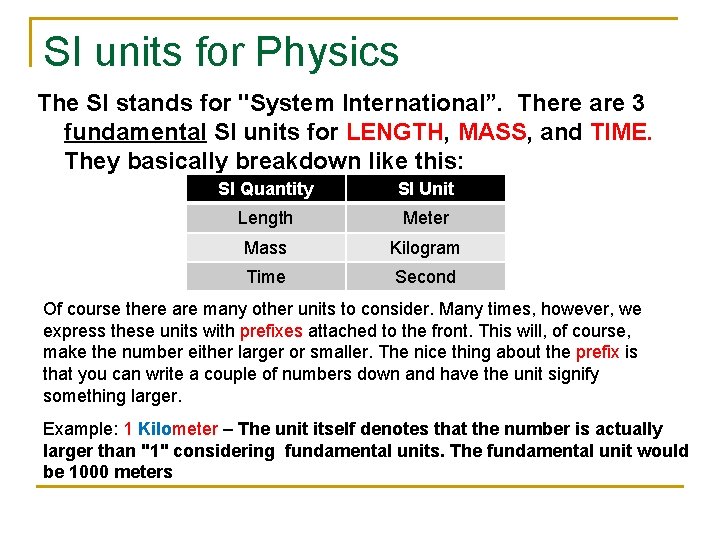 SI units for Physics The SI stands for "System International”. There are 3 fundamental