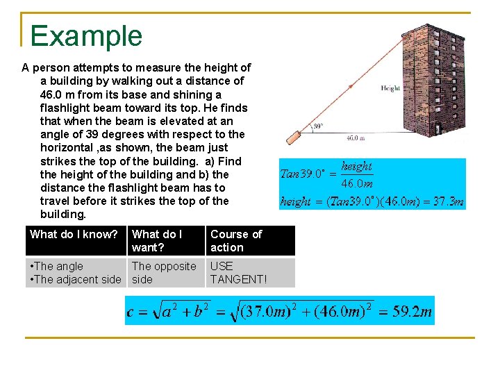 Example A person attempts to measure the height of a building by walking out