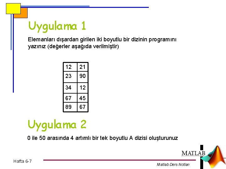 Uygulama 1 Elemanları dışardan girilen iki boyutlu bir dizinin programını yazınız (değerler aşağıda verilmiştir)