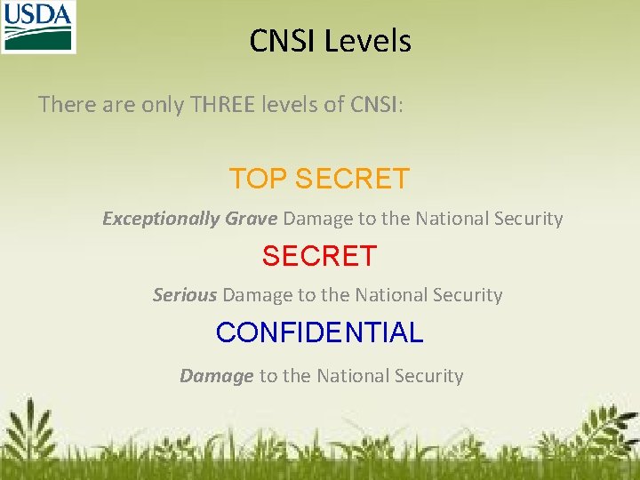 CNSI Levels There are only THREE levels of CNSI: TOP SECRET Exceptionally Grave Damage