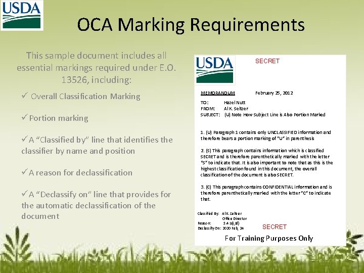 OCA Marking Requirements This sample document includes all essential markings required under E. O.