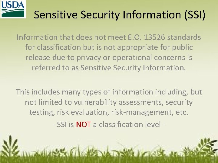 Sensitive Security Information (SSI) Information that does not meet E. O. 13526 standards for