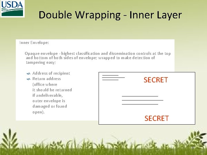 Double Wrapping - Inner Layer Inner Envelope: Opaque envelope - highest classification and dissemination