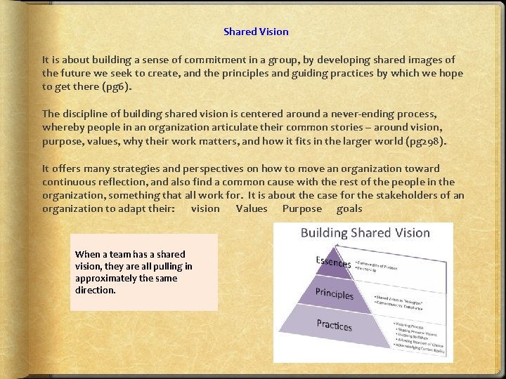 Shared Vision It is about building a sense of commitment in a group, by