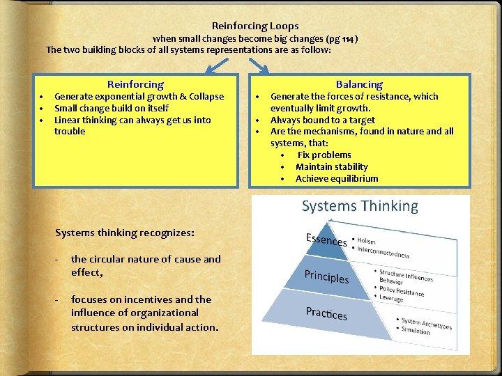 Reinforcing Loops when small changes become big changes (pg 114) The two building blocks