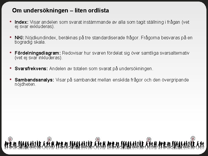 Om undersökningen – liten ordlista • Index: Visar andelen som svarat instämmande av alla