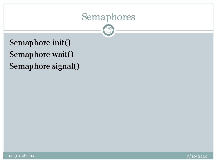 Semaphores Page 14 Semaphore init() Semaphore wait() Semaphore signal() cse 321 -fall 2014 9/10/2020