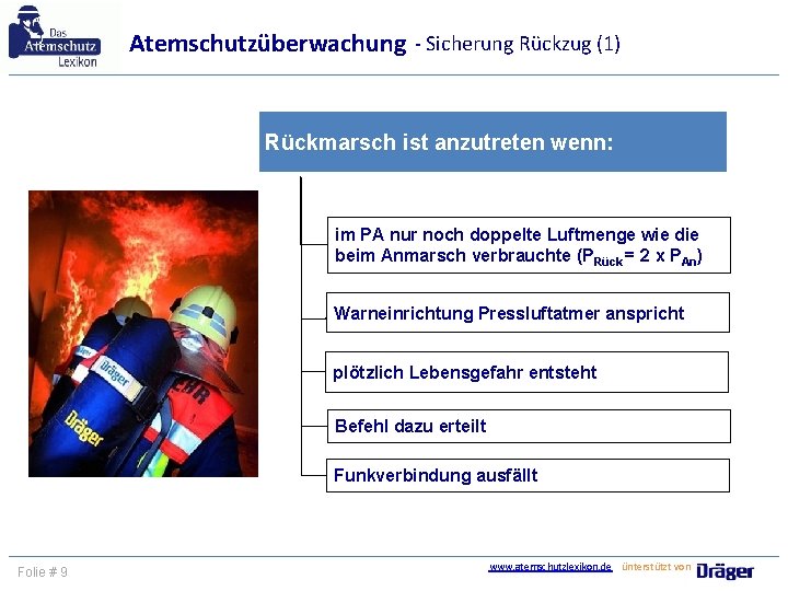 Atemschutzüberwachung - Sicherung Rückzug (1) Rückmarsch ist anzutreten wenn: im PA nur noch doppelte