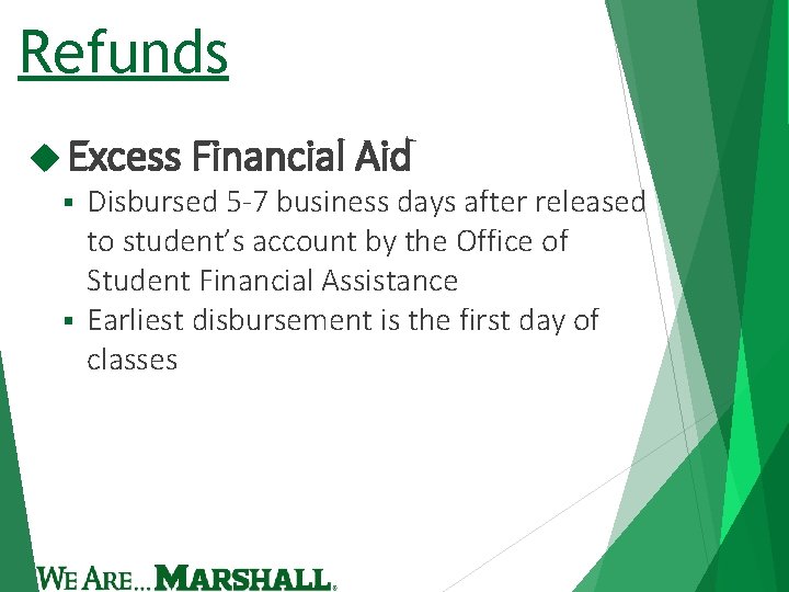 Refunds Excess Financial Aid Disbursed 5 -7 business days after released to student’s account