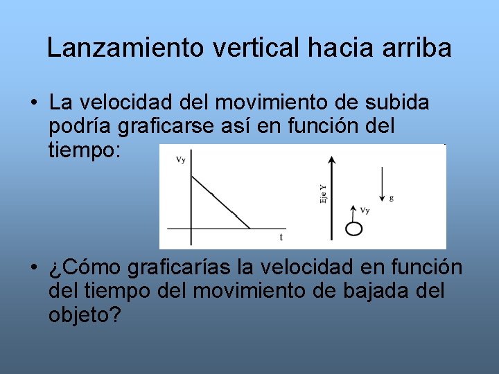 Lanzamiento vertical hacia arriba • La velocidad del movimiento de subida podría graficarse así