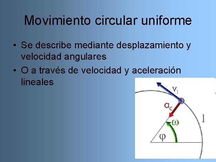 Movimiento circular uniforme • Se describe mediante desplazamiento y velocidad angulares • O a