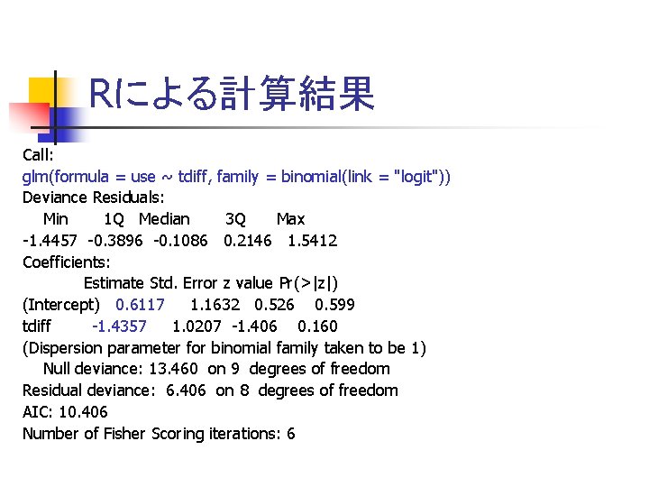 Rによる計算結果 Call: glm(formula = use ~ tdiff, family = binomial(link = "logit")) Deviance Residuals: