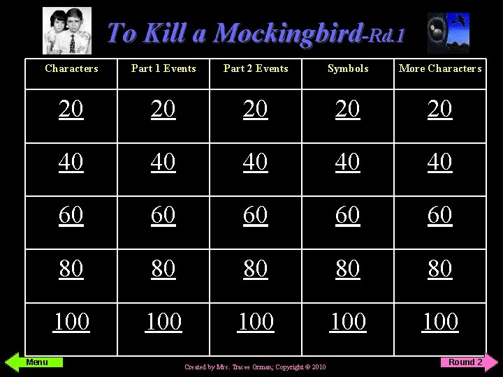 To Kill a Mockingbird-Rd. 1 Characters Part 1 Events Part 2 Events Symbols More