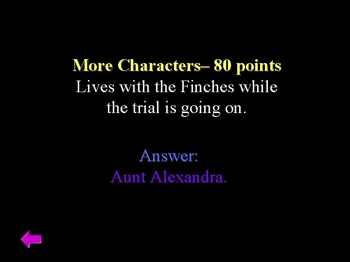 More Characters– 80 points Lives with the Finches while the trial is going on.