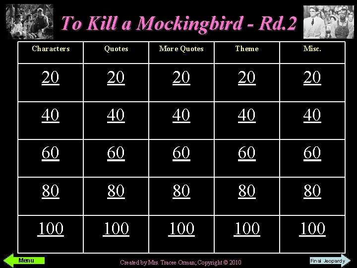 To Kill a Mockingbird - Rd. 2 Characters Quotes More Quotes Theme Misc. 20