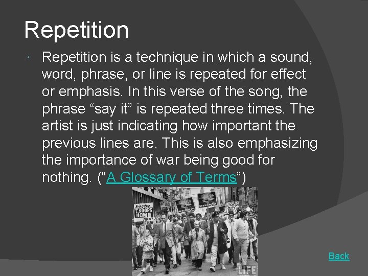 Repetition is a technique in which a sound, word, phrase, or line is repeated