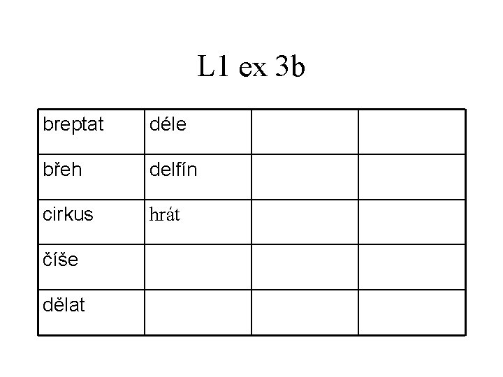 L 1 ex 3 b breptat déle břeh delfín cirkus hrát číše dělat 