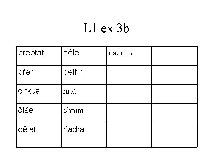 L 1 ex 3 b breptat déle břeh delfín cirkus hrát číše chrám dělat