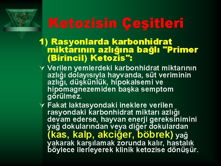 Ketozisin Çeşitleri 1) Rasyonlarda karbonhidrat miktarının azlığına bağlı "Primer (Birincil) Ketozis": Ú Verilen yemlerdeki