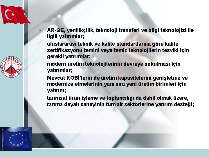  • • • AR-GE, yenilikçilik, teknoloji transferi ve bilgi teknolojisi ile ilgili yatırımlar;