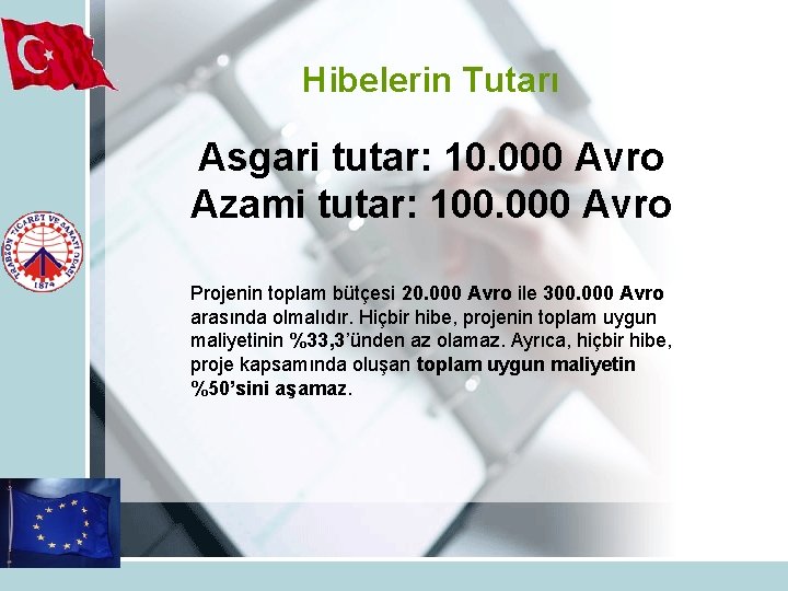Hibelerin Tutarı Asgari tutar: 10. 000 Avro Azami tutar: 100. 000 Avro Projenin toplam