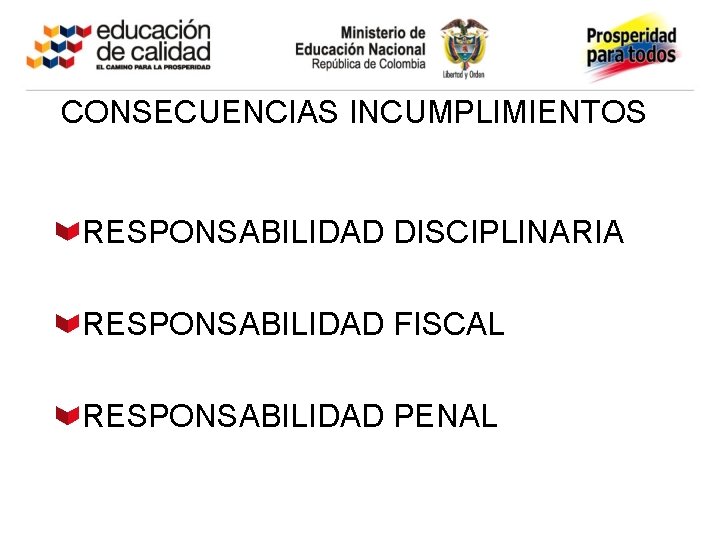 CONSECUENCIAS INCUMPLIMIENTOS RESPONSABILIDAD DISCIPLINARIA RESPONSABILIDAD FISCAL RESPONSABILIDAD PENAL 