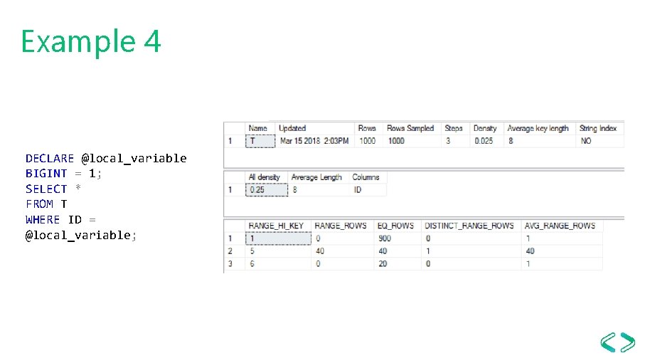 Example 4 DECLARE @local_variable BIGINT = 1; SELECT * FROM T WHERE ID =