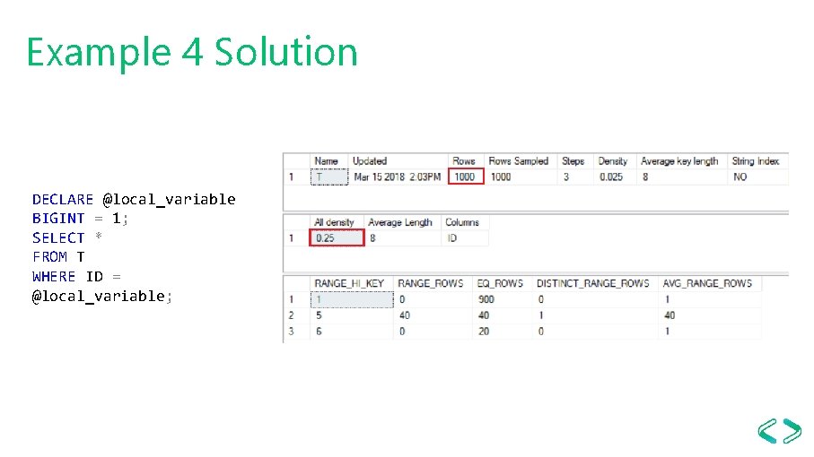 Example 4 Solution DECLARE @local_variable BIGINT = 1; SELECT * FROM T WHERE ID