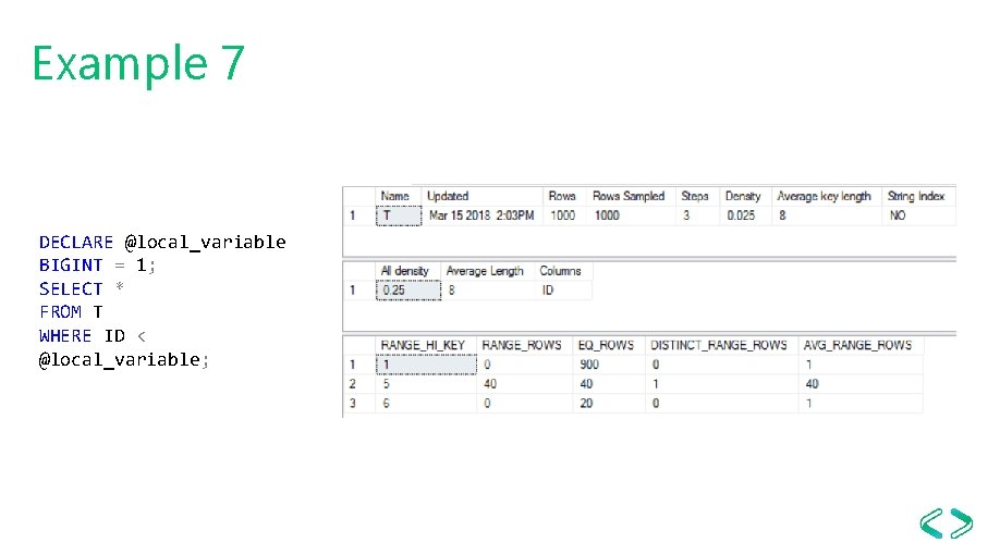 Example 7 DECLARE @local_variable BIGINT = 1; SELECT * FROM T WHERE ID <