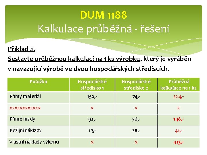 DUM 1188 Kalkulace průběžná - řešení Příklad 2. Sestavte průběžnou kalkulaci na 1 ks