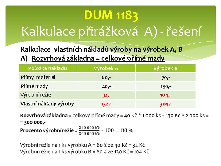DUM 1183 Kalkulace přirážková A) - řešení Kalkulace vlastních nákladů výroby na výrobek A,