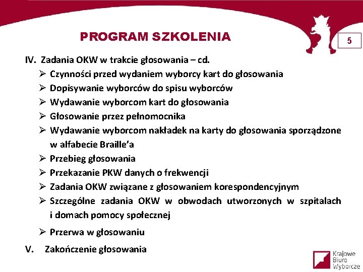 PROGRAM SZKOLENIA IV. Zadania OKW w trakcie głosowania – cd. Ø Czynności przed wydaniem