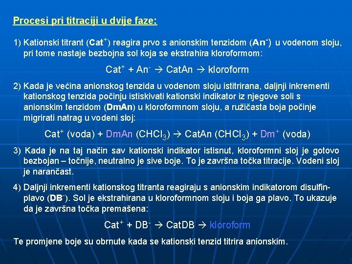 Procesi pri titraciji u dvije faze: 1) Kationski titrant (Cat+) reagira prvo s anionskim