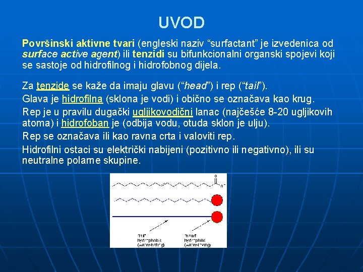 UVOD Površinski aktivne tvari (engleski naziv “surfactant” je izvedenica od surface active agent) ili