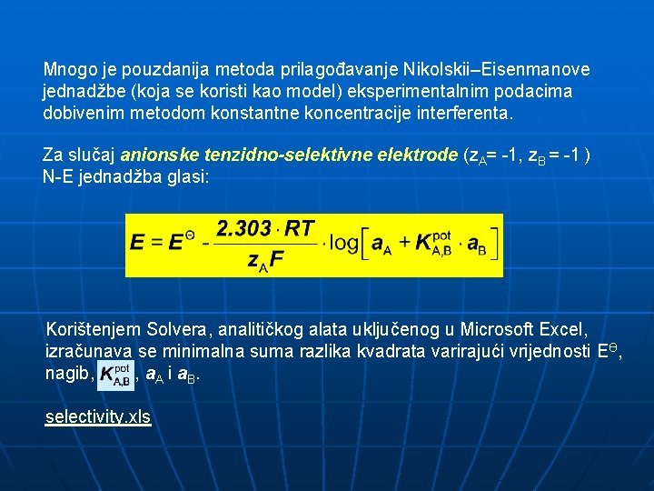 Mnogo je pouzdanija metoda prilagođavanje Nikolskii–Eisenmanove jednadžbe (koja se koristi kao model) eksperimentalnim podacima