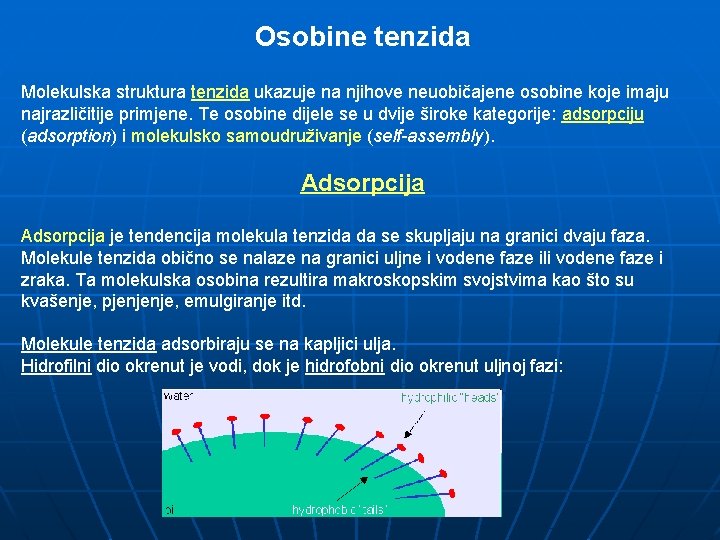 Osobine tenzida Molekulska struktura tenzida ukazuje na njihove neuobičajene osobine koje imaju najrazličitije primjene.