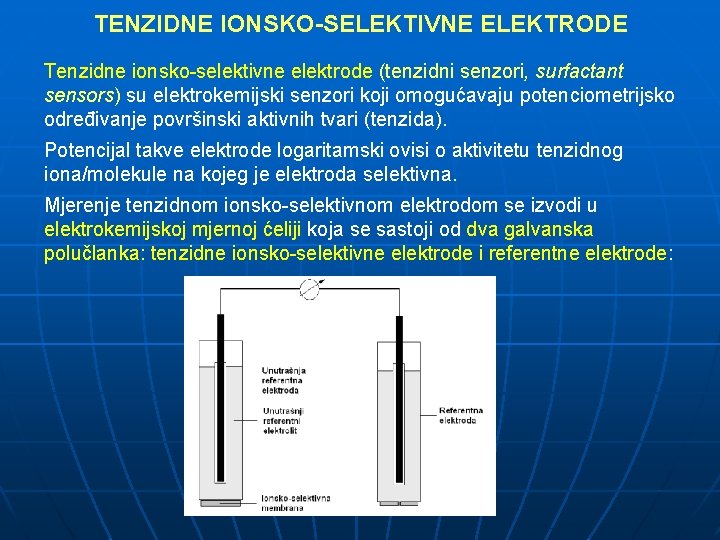 TENZIDNE IONSKO-SELEKTIVNE ELEKTRODE Tenzidne ionsko-selektivne elektrode (tenzidni senzori, surfactant sensors) su elektrokemijski senzori koji
