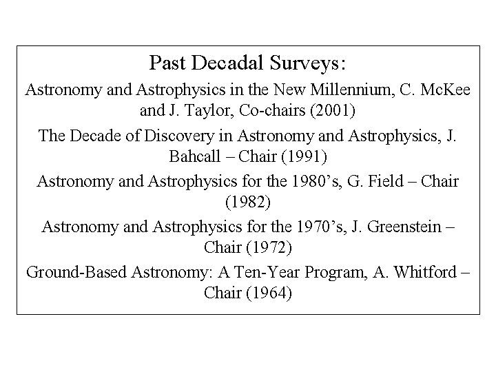 Past Decadal Surveys: Astronomy and Astrophysics in the New Millennium, C. Mc. Kee and