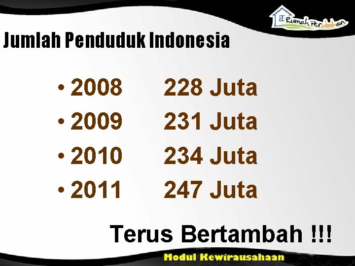 Jumlah Penduduk Indonesia • 2008 • 2009 • 2010 • 2011 228 Juta 231 Jumlah Penduduk Indonesia • 2008 • 2009 • 2010 • 2011 228 Juta 231
