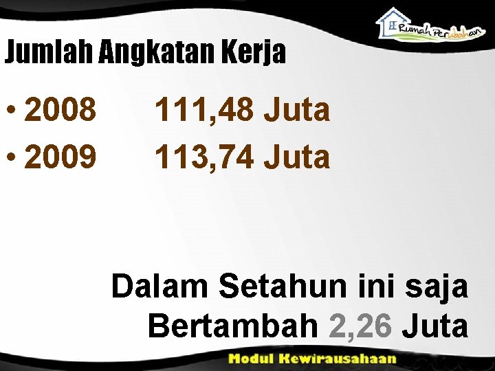 Jumlah Angkatan Kerja • 2008 • 2009 111, 48 Juta 113, 74 Juta Dalam Jumlah Angkatan Kerja • 2008 • 2009 111, 48 Juta 113, 74 Juta Dalam