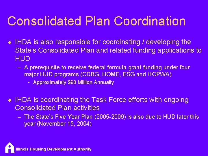 Consolidated Plan Coordination ¨ IHDA is also responsible for coordinating / developing the State’s
