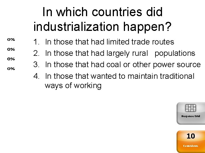 In which countries did industrialization happen? 1. 2. 3. 4. In those that had