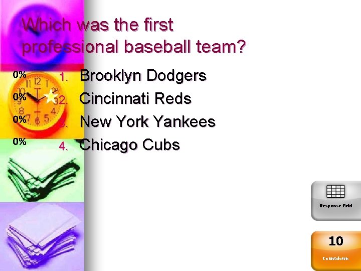 Which was the first professional baseball team? 1. 2. 3. 4. Brooklyn Dodgers Cincinnati