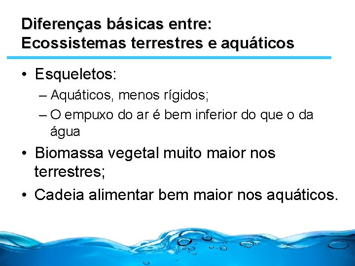 Diferenças básicas entre: Ecossistemas terrestres e aquáticos • Esqueletos: – Aquáticos, menos rígidos; –