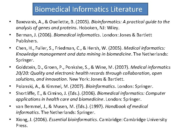 Biomedical Informatics Literature • Baxevanis, A. , & Ouellette, B. (2005). Bioinformatics: A practical