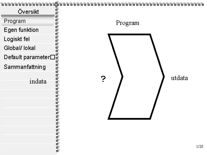 Översikt Program Egen funktion Logiskt fel Global/ lokal Default parameter� Sammanfattning indata ? utdata